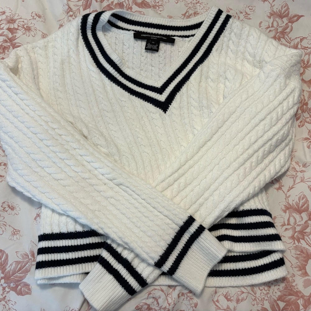 French Connection White V-Neck Sweater with Black Stripes